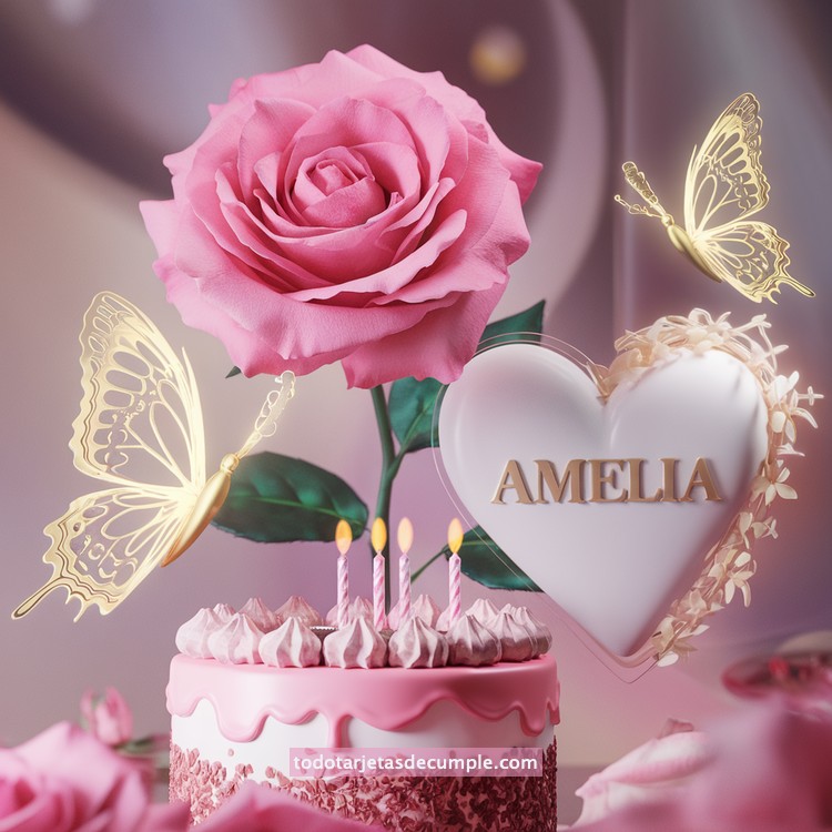 nombres pastel de cumpleaños con rosa y mariposas