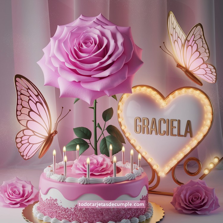 nombres pastel de cumpleaños con rosa y mariposas