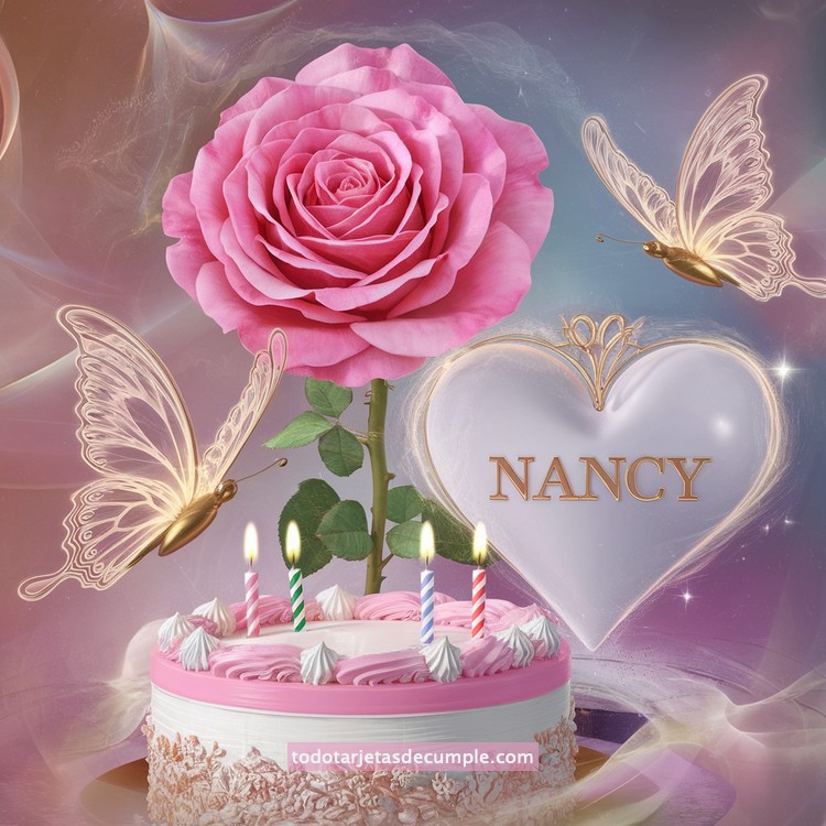 nombres pastel de cumpleaños con rosa y mariposas